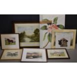 A selection of pictures to include a watercolour depicting landscape, limited edition print