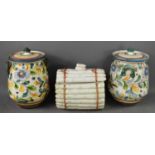 Two Italian ceramic jars decorated with birds and flowers, together with an asparagus form lidded