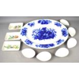 A set of three Villeroy & Boch hor d'ourve dishes, a large flow blue meat plate 43cm by 53cm and six