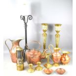 A group of brass and copper ware to include a brass miners lamp stamped KW to the base, copper