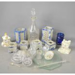 A selection of ceramics and glass, to include blue and white tea light holders, pastille burners,