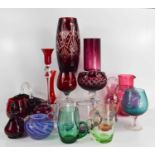 A selection of mid-century glassware, including a ruby coloured crystal vase, a set of six