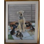A 20th century unsigned pastel on paper titled 'Bonny' depicting airedale and her puppies, 73 by