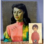 A Tretchinko 1970s print, portrait of young woman, together with a kitsch portrait print of young