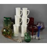 A group of vintage glassware to include opaque glass tankards, Whitefriars style bark effect vase,