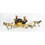 A Folk Art hand carved and painted horse and carriage, London - Winchester, with four passengers,