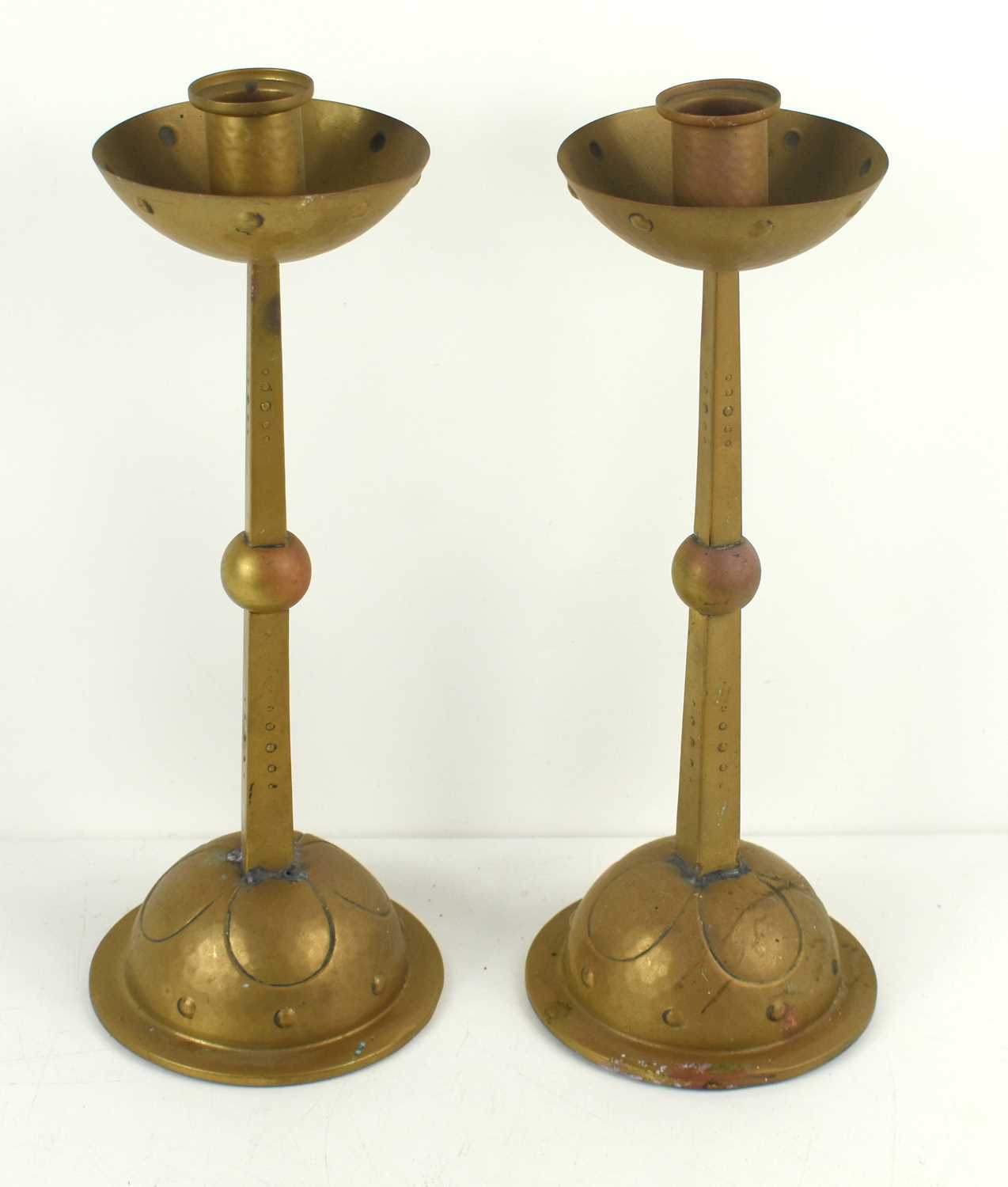 A pair of WMF Jugendstil brass candlesticks, planished with domed bases, incised petal and - Image 2 of 3
