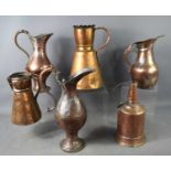 A group of five Iranian/Middle Eastern copper and silvered copper jugs, the tallest of pedestal