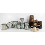 A selection of Studio ware pottery to include a coffee set, and chamber stick.