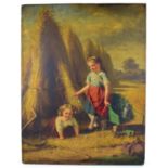 A mid-Victorian oil on panel of two young girls playing amongst sheaves of wheat, indistinctly