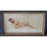 A 20th century pastel on paper of a reclining female nude, indistinctly signed, 48cm by 98cm.The