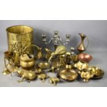 A quantity of brass and copper ware to include brass bucket, brass frog, goblets and other items.