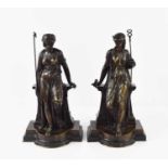 Bouret (19th century): a pair of bronze figures; Egyptian and Greek female figures, holding staffs