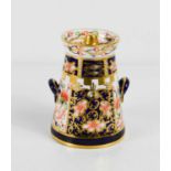 A Royal Crown Derby miniature Imari pattern milk churn with lid.