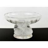 A Lalique Nogent clear and frosted glass bowl on pedestal base supported by four birds above a