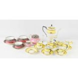 An Art Deco Duchess China coffee service, all decorated with yellow bands, flowers and black and