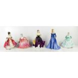 Five porcelain ladies, to include Coalport Beverley, Polly, Royal Doulton Southern Belle HN2229, and