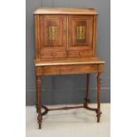 A Victorian rosewood and brass inlaid bonheur de jour writing table, the top section with two inlaid