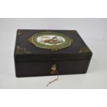 A French Second Empire leather lined and gilt metal mounted box, the top inset with Sevres style