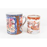 Two tankards in the Chinese style, one with dragon handle depicting a domestic scene with black