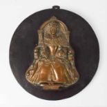 A cast bronze or brass plaque depicting Queen Elizabeth I with crown and orb sitting in state, on 15