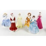 Six porcelain ladies: Coalport Clare, Louise, Stephanie and Merry Christmas, Royal Doulton Happy