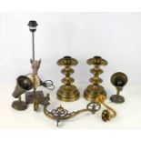 Two brass style candle holders together with a moose head table lamp, angle lights and other items.