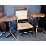 An Edwardian oak armchair together with two 19th century occasional tables with circular tops and