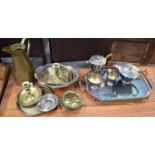 An Art Deco silver plated tea set, two 19th century brass chamber sticks, silver plated tray and