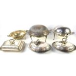A group of silver plated items to include Victorian revolving breakfast dishes, lidded tureens to