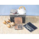 A group of collectable items to include cut-throat razors, antique metal box, treen weights,