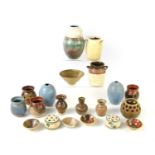 A collection of Studio Art pottery to include a small green and brown glazed bowl, small pin dish,