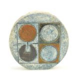 Troika Pottery: A large wheel vase with circular and abstract motifs on a blue ground, signed BE