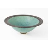 Elizabeth Saunders, Studio pottery bowl with turquoise and mottled blue inner and outer matte glaze,