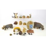 A group of studio pottery animals to include two Solo Crafts cats, a Mike Hinton cat, two piggy