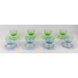 A set of eight mid-century blue and green glass sundae bowls and saucers, the saucers etched with