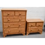 A pine two over three chest of drawers together with a smaller two over one chest of drawers.