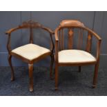 An Edwardian inlaid mahogany carver chair together with a similar corner example.