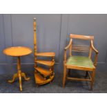 A 19th century oak armchair, together with a set of modern library steps and wine table.