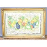 A 20th century Trompe L'oeil painting, depicting kitchen tiles, painted with vegetables and fruit,