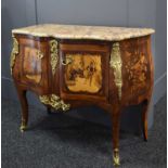 A 19th century French serpentine marquetry chest, with ormolu fittings, with a shaped marble top,