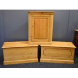 A group of pine to include two blanket chests, and a corner cupboard. 49 by 92 by 42cm - chest