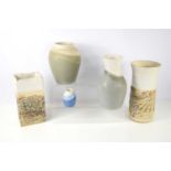 Two Janet Gough vases decorated with landscape scenes together with three Robyn Gough pottery