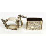 Two silver napkin rings, one in the form of a duck, the other engraved with foliate pattern, 2.2toz,