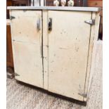 A vintage metalware kitchen cabinet, with residual enamel surface, the two cupboard doors