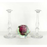 A pair of Miller Rogaska crystal glass candlesticks together with a decorative glass vase.