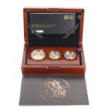 A Royal Mint 2014 Gold Proof Premium Three-Coin Sovereign Collection, containing a double sovereign,