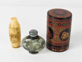A bone scent bottle, inscribed with a bamboo forest study and Chinese script verso, together with