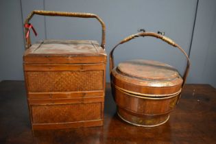 A Chinese rice basket, of square two sectioned form, the lower compartment with internal tray, and