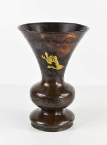A Chinese copper bronze flared vase of flared baluster form, with rivetted gold coloured dragon